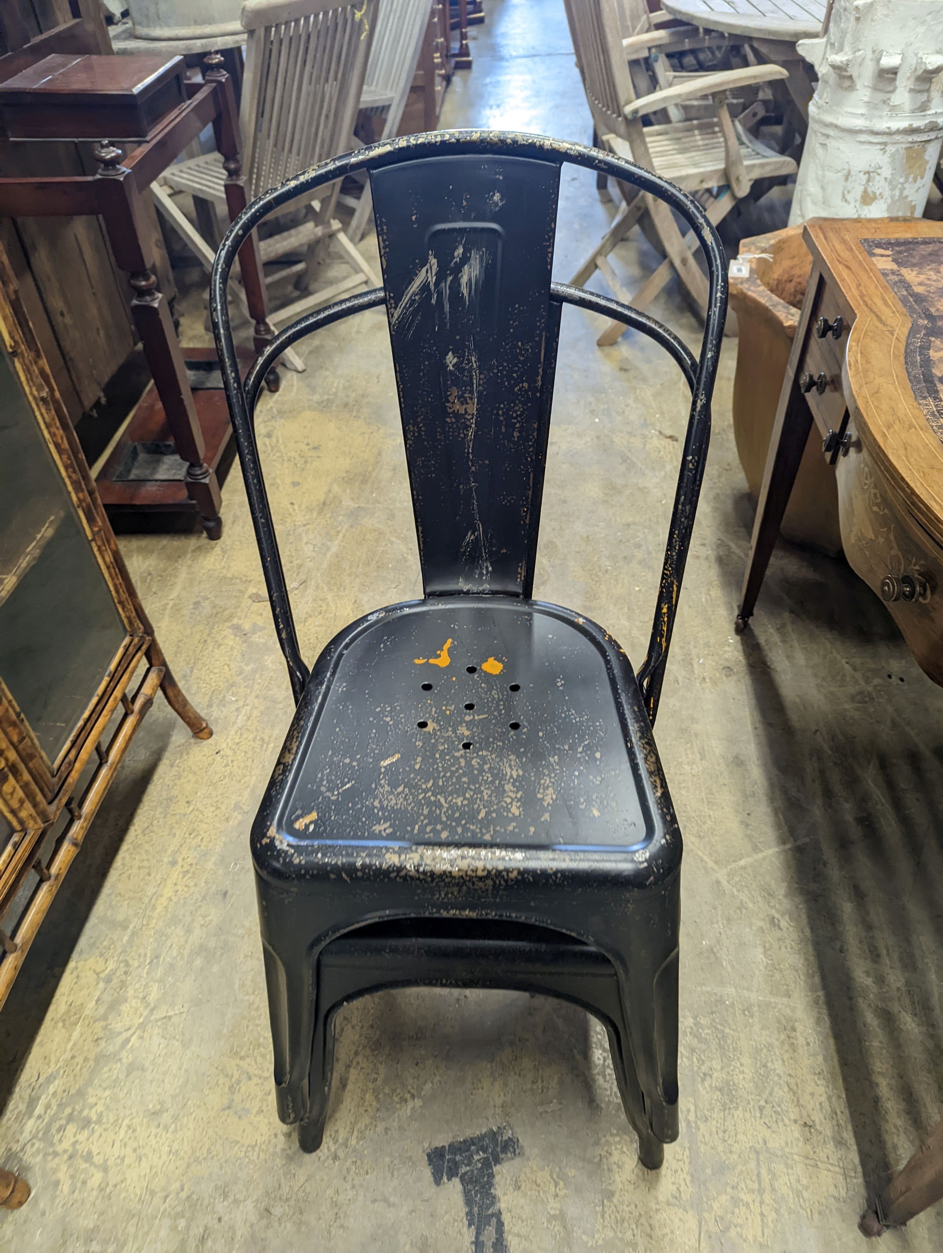 A painted metal folding bistro table, width 60cm, height 71cm and three chairs